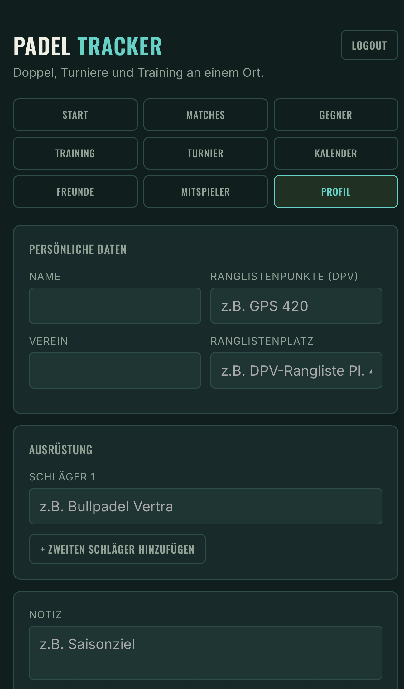 Padel Tracker Profil mit Ranglistenpunkten, Ausrüstung und Saisonziel