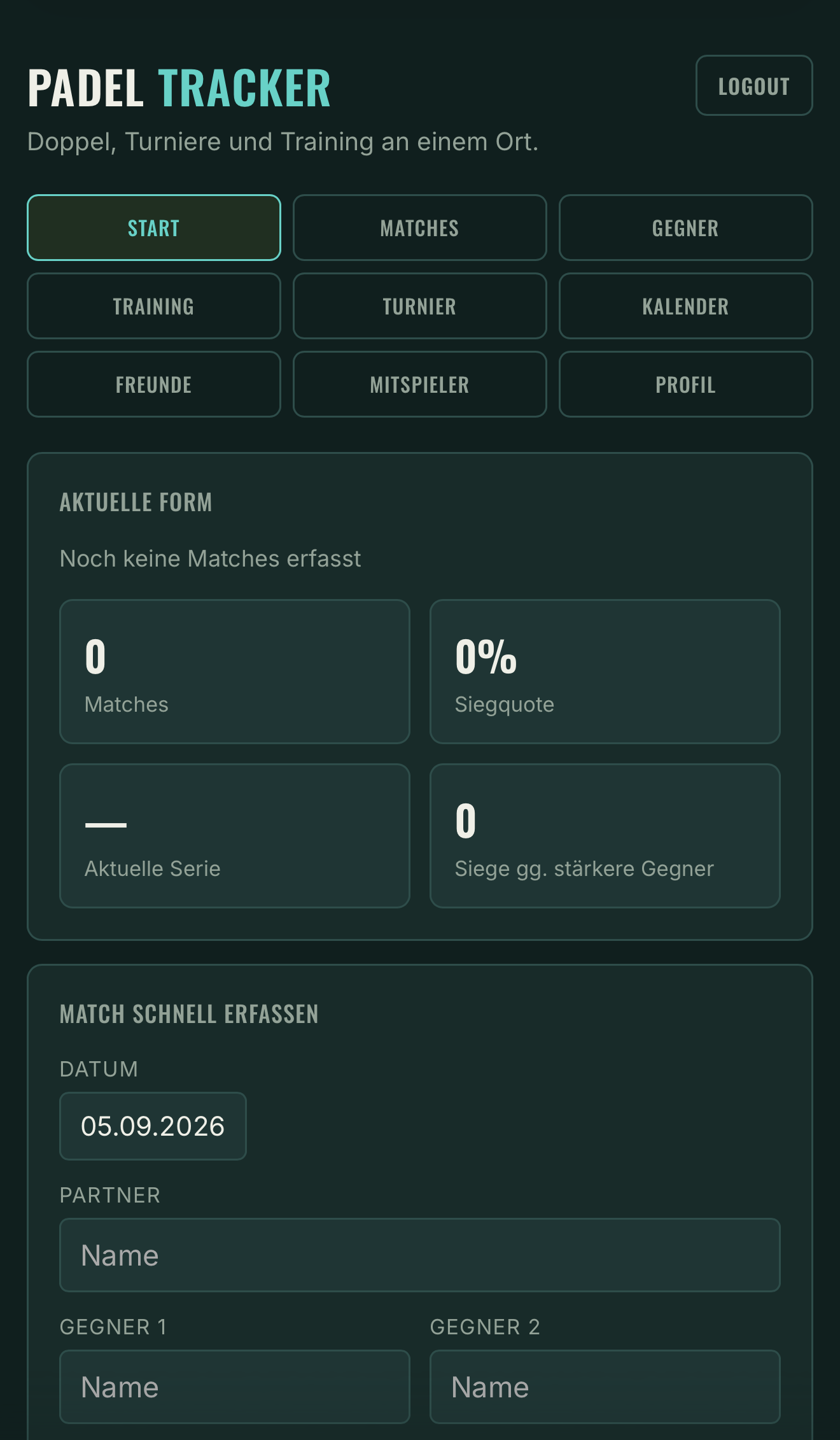Padel Tracker Startbildschirm mit aktueller Form und Schnellerfassung