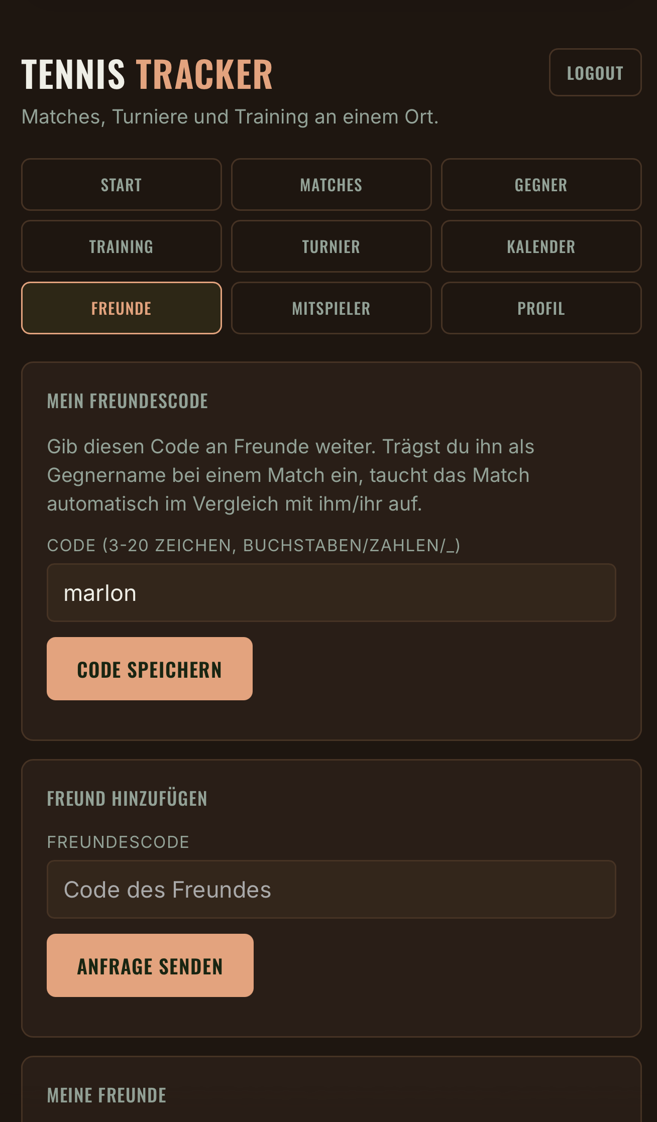 Freunde-Ansicht des Tennis Trackers mit Freundescode und Vergleich