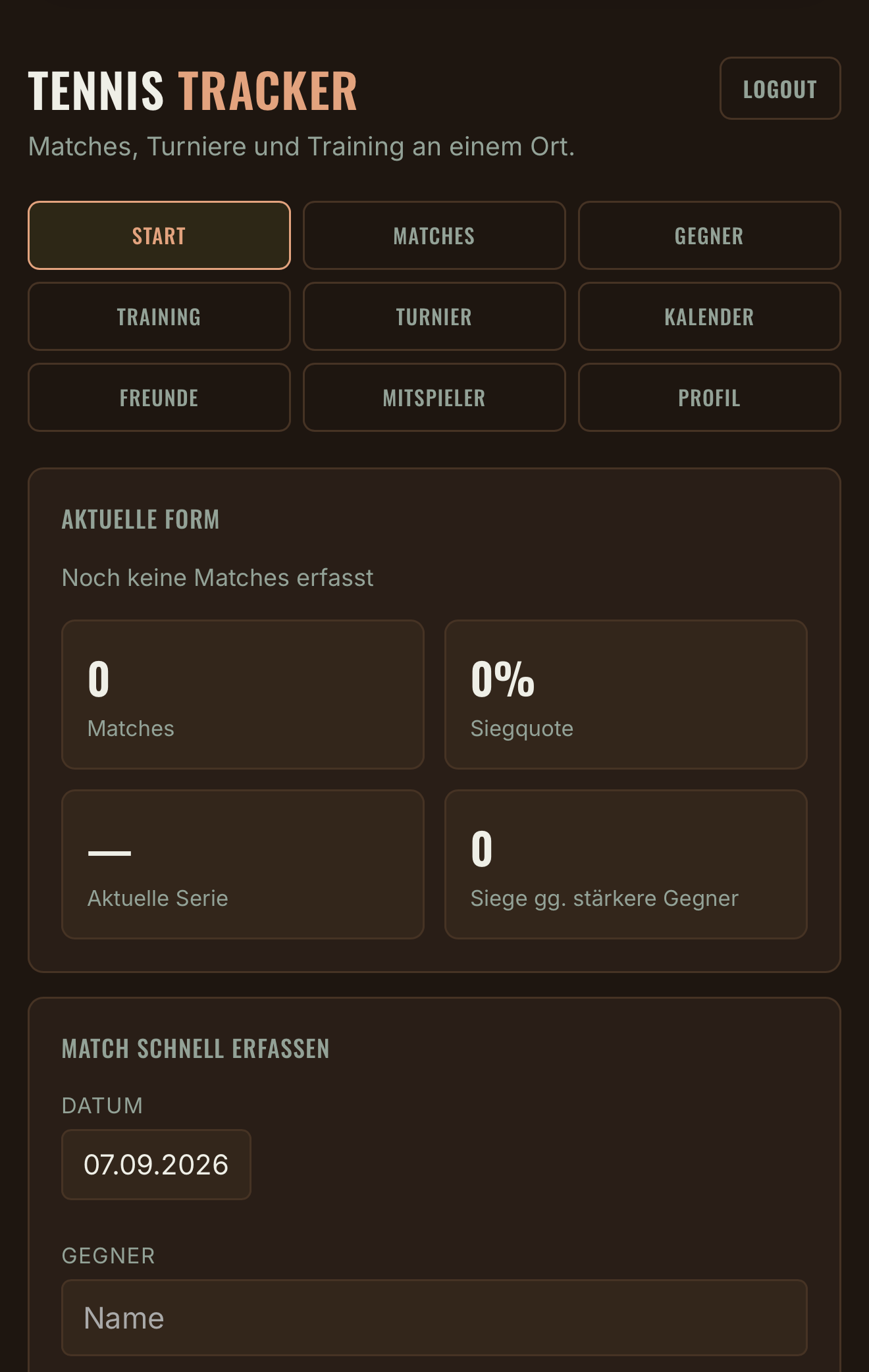 Start-Bildschirm des Tennis Trackers mit aktueller Form und Schnellerfassung